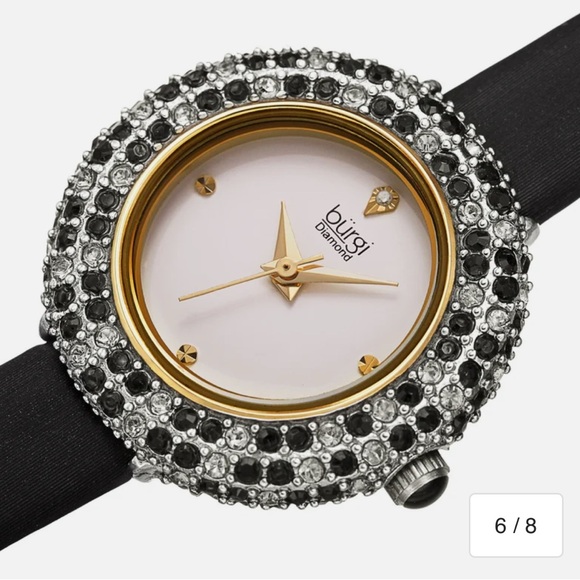 Burgi Women's Diamond Swarovski Crystal Sparkling Leather Strap Watch - Black - Picture 1 of 7